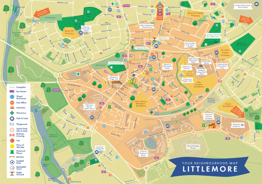 The Littlemore Map Map of Littlemore highlighting streets, landmarks, and green spaces.